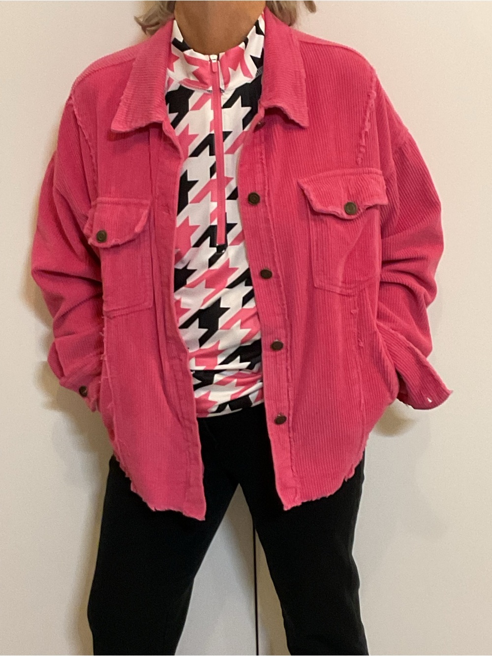 Jofit Pink Black White Houndstooth Quarter-Zip Long Sleeve Top L